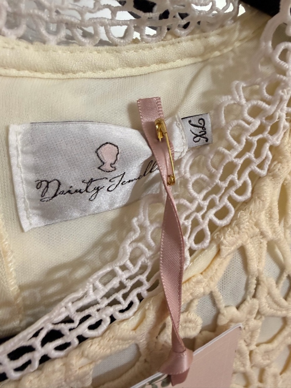 Dainty Jewells Cream Crochet Lace Top with Pink Ribbon Detail - Picture 2 of 4